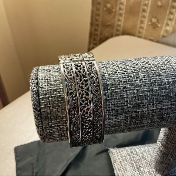 Intricate Silvertone and Oxidized Black Cuff Bracelet - Picture 3 of 5